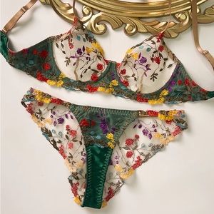 Green Satin Floral Lingerie Set